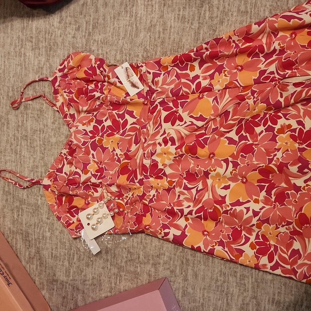 Jessica Simpson pink & orange floral  midi sundress with Adjustable straps